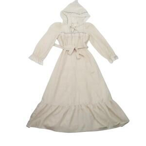 Vintage 70s Girls Prairie Dress Cream Maxi Hooded Cottagecore M/L